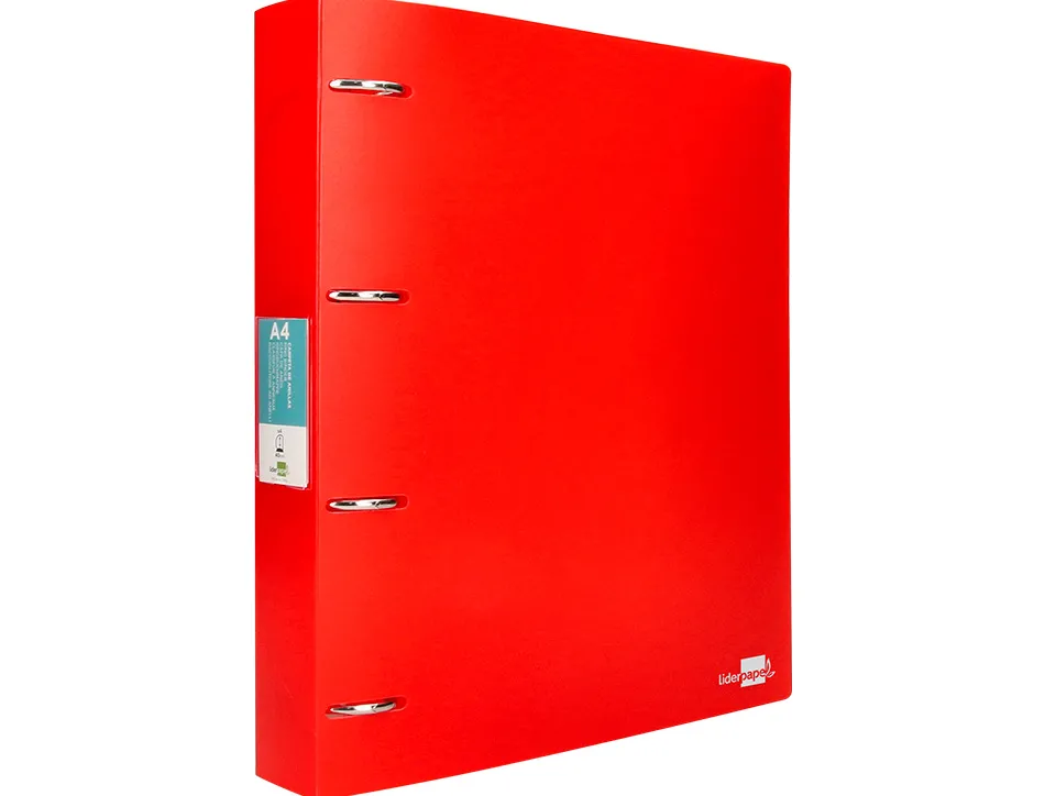 Classeur liderpapel 4 anneaux 40mm a4 polypropylene dos 55mm porte-cartes de visite coloris rouge translucide