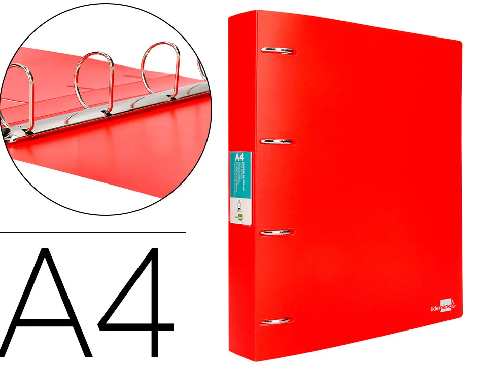 Classeur liderpapel 4 anneaux 40mm a4 polypropylene dos 55mm porte-cartes de visite coloris rouge translucide