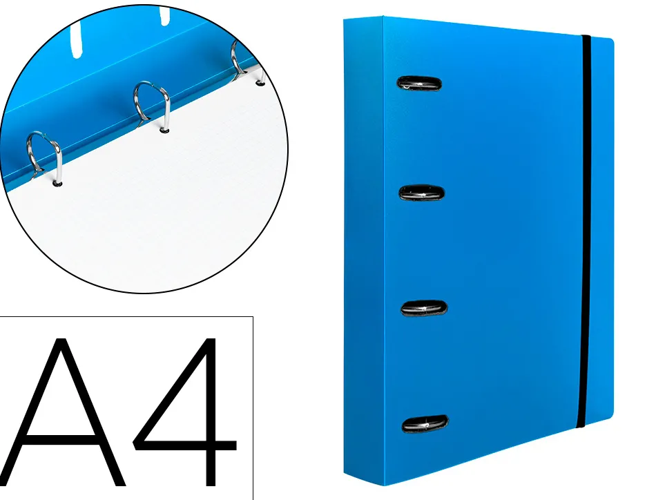 Classeur liderpapel 4 anneaux en d 25mm a4 polypropylene feuillets mobiles 100f 5x5mm coloris bleu translucide