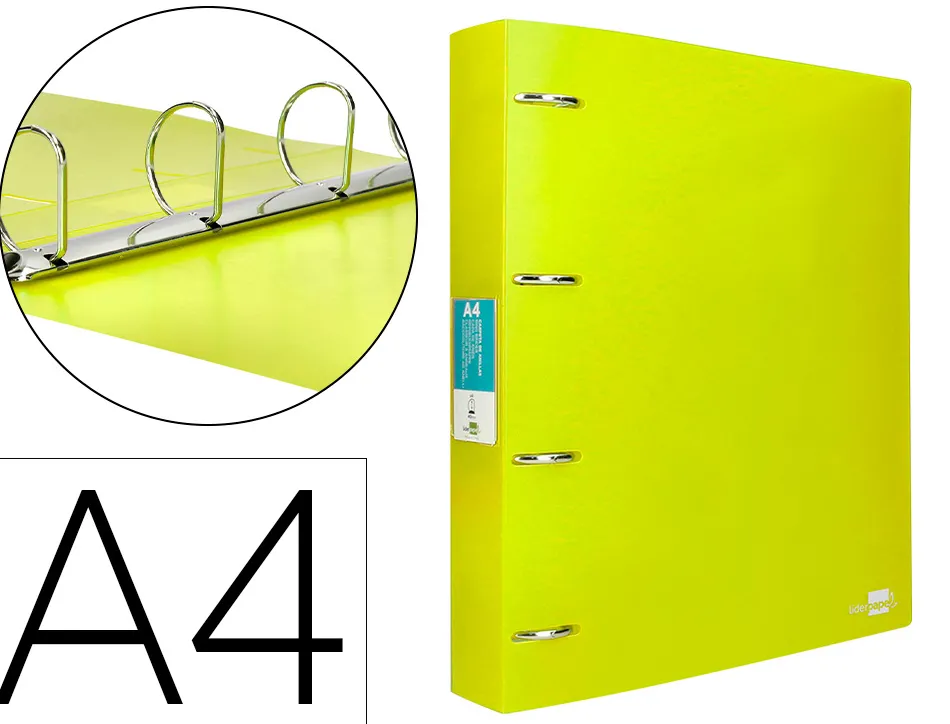 Classeur liderpapel 4 anneaux 40mm a4 polypropylene dos 55mm porte-cartes de visite coloris jaune fluo