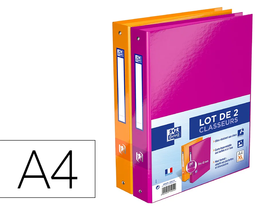 Classeur oxford bicolor recycl+ a4 4 anneaux dos de 40mm 280x320mm coloris assortis