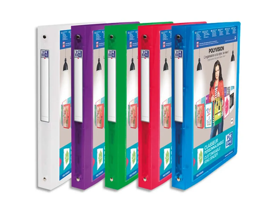 Classeur personnalisable oxford polyvision 4 anneaux 20mm polypropylène dos 30mm 150f pochette cristal translucide