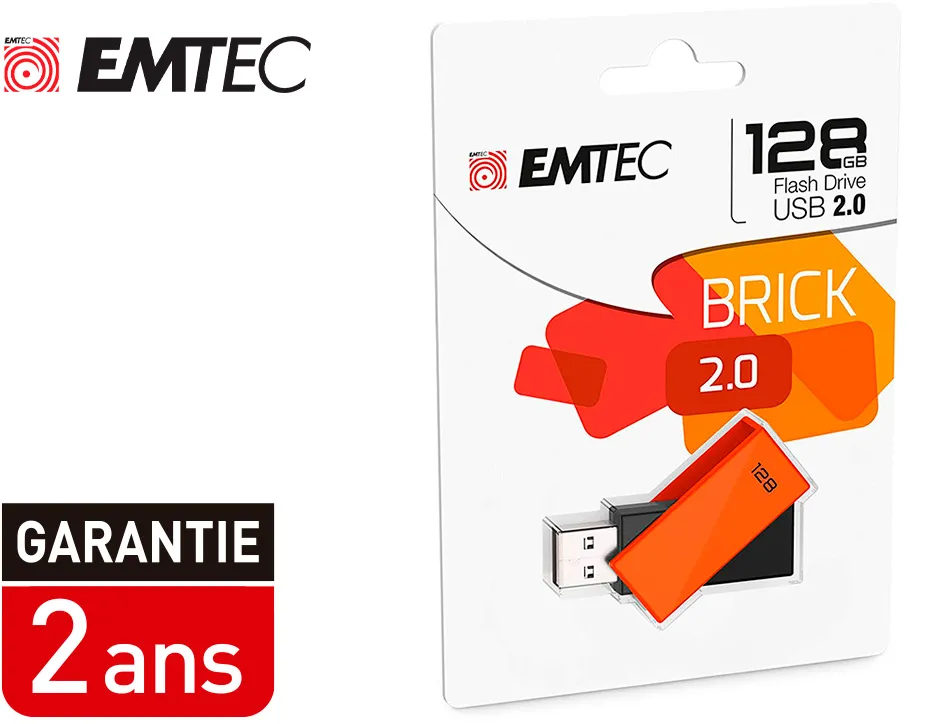 Cle usb emtec 2.0 c350 brick pivotante 128gb vitesse lecture 15mbs ecriture mb/s coloris orange