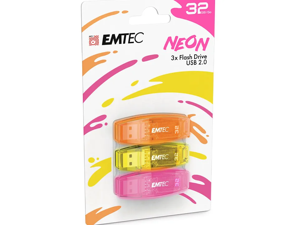 Cle usb emtec 2.0 c410 trio 32gb pack 3 coloris neon orange jaune rose