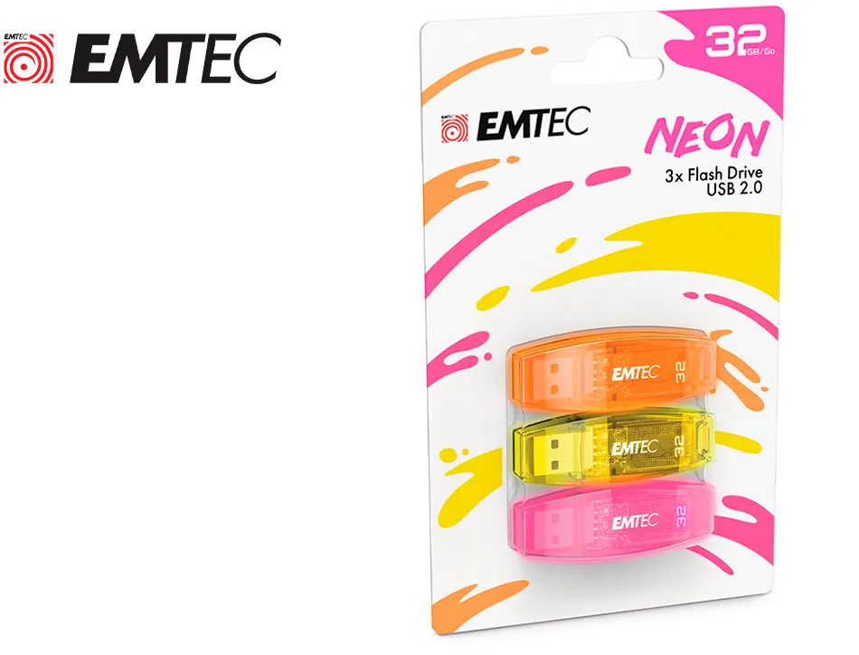 Cle usb emtec 2.0 c410 trio 32gb pack 3 coloris neon orange jaune rose