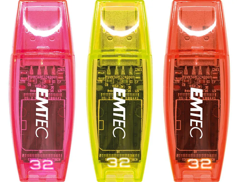 Cle usb emtec 2.0 c410 trio 32gb pack 3 coloris neon orange jaune rose