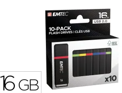 Cle usb emtec k100 16gb usb 2.0 vitesse lecture 15mb/s ecriture 5mb/s 5 coloris assortis pack 10 unites