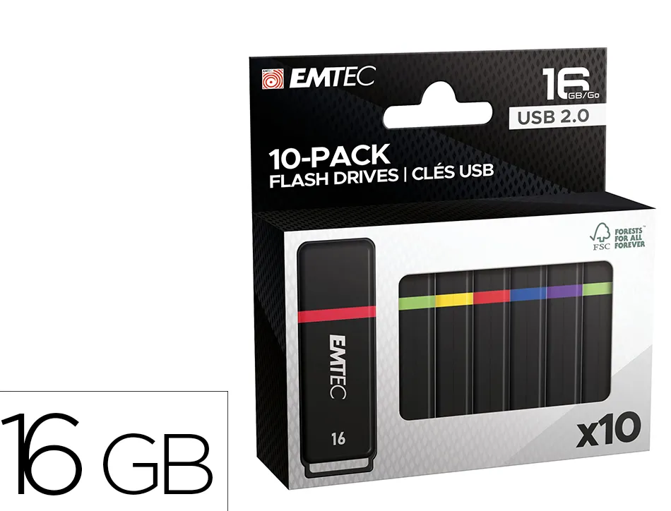 Cle usb emtec k100 16gb usb 2.0 vitesse lecture 15mb/s ecriture 5mb/s 5 coloris assortis pack 10 unites