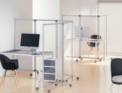 Cloison de protection mobile double paperflow modele a pmma 3mm cadre aluminium anodise hauteur reglable 4 roulettes