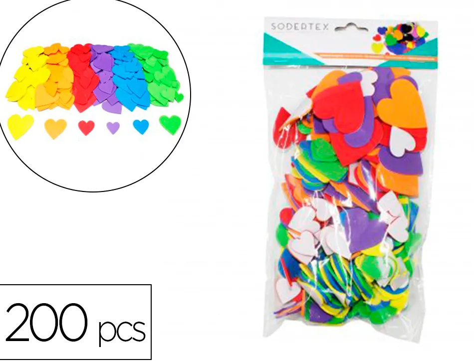 Coeurs en mousse eva sodertex adhesive 200 pcs tailles et coloris assortis