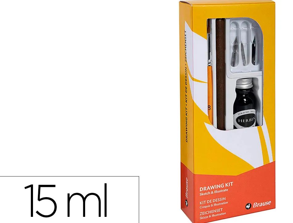 Coffret plumes-dessin brause compos de 1 plume en bois 3 plumes 1 pinceau 1 flacon d'encre noire 15ml