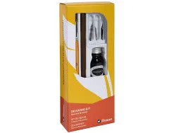 Coffret plumes-dessin brause compos de 1 plume en bois 3 plumes 1 pinceau 1 flacon d'encre noire 15ml