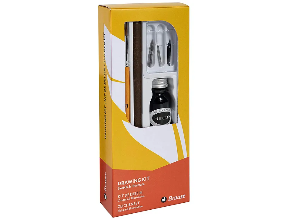 Coffret plumes-dessin brause compos de 1 plume en bois 3 plumes 1 pinceau 1 flacon d'encre noire 15ml