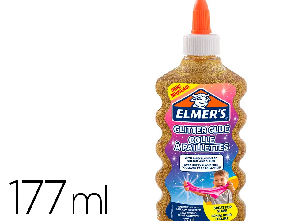 Colle liquide pailletee elmers lavable adapte aux enfants pour fabrication slime - flacon 177ml coloris or