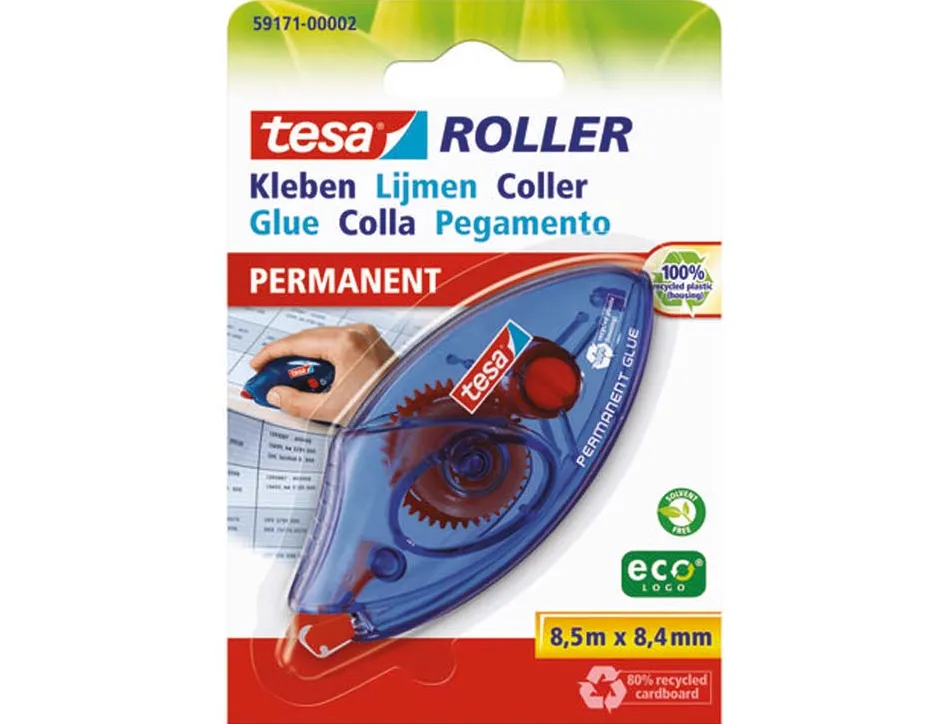 Colle tesa roller jetable permanent ergonomique ruban haute qualité plastique emballage recyclé 8.4mmx8.5m