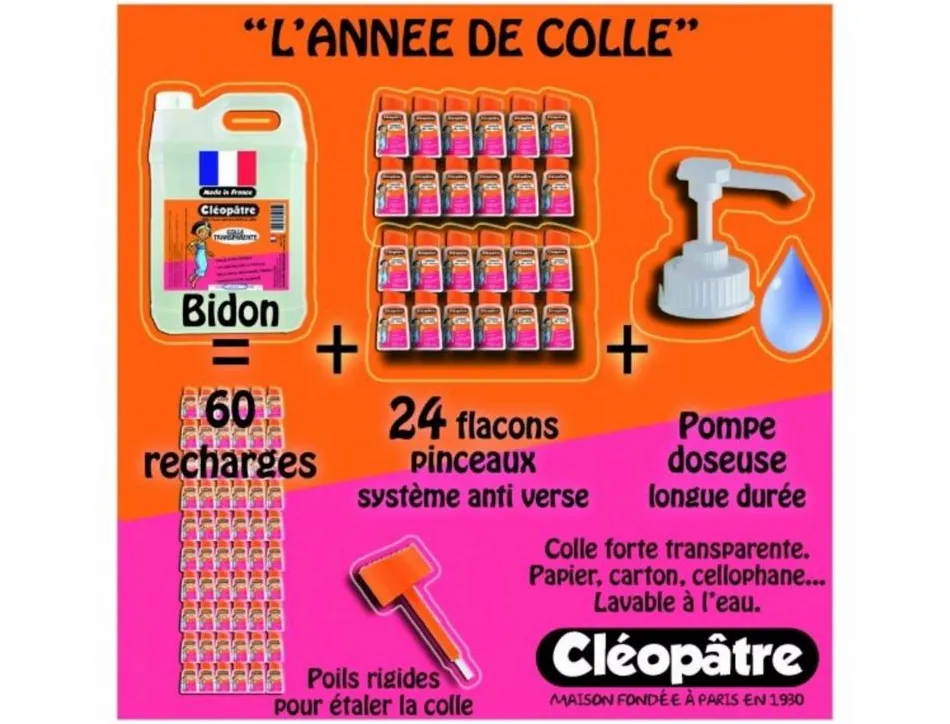 Colle transparente cleopatre sans solvant base eau classpack 24 flacons 80g 5kg colle transparente + 1 pompe