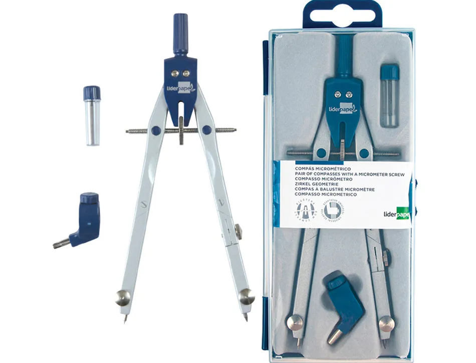 Compas liderpapel micrométrique articulé 2 branches circonférence 38cm longueur 17cm bague mines 2mm étui