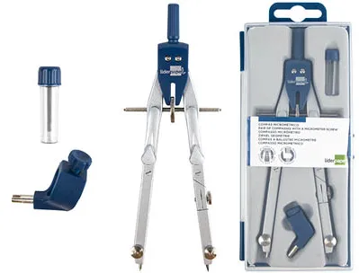 Compas liderpapel micrométrique articulé 2 branches circonférence 38cm touche réglage rapide bague mine 2mm étui