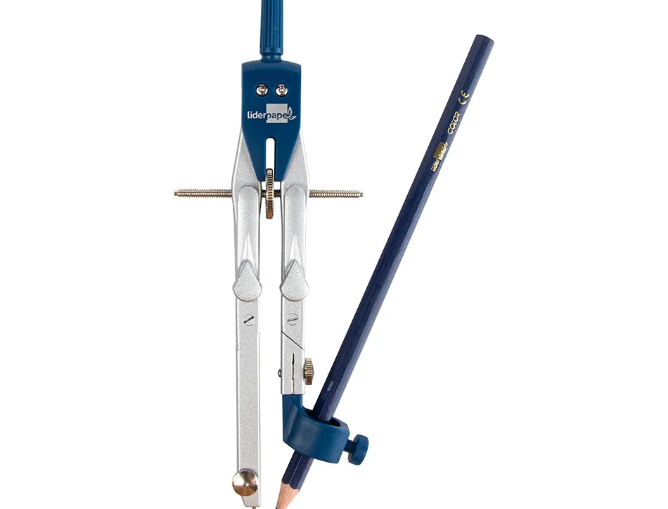 Compas liderpapel micrométrique articulé 2 branches circonférence 38cm touche réglage rapide bague mine 2mm étui