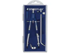 Compas staedtler laiton plaqué nickel satiné fibre verre rallonge vis micrométrique 17cm 35cm rallonge 58.5cm coffret