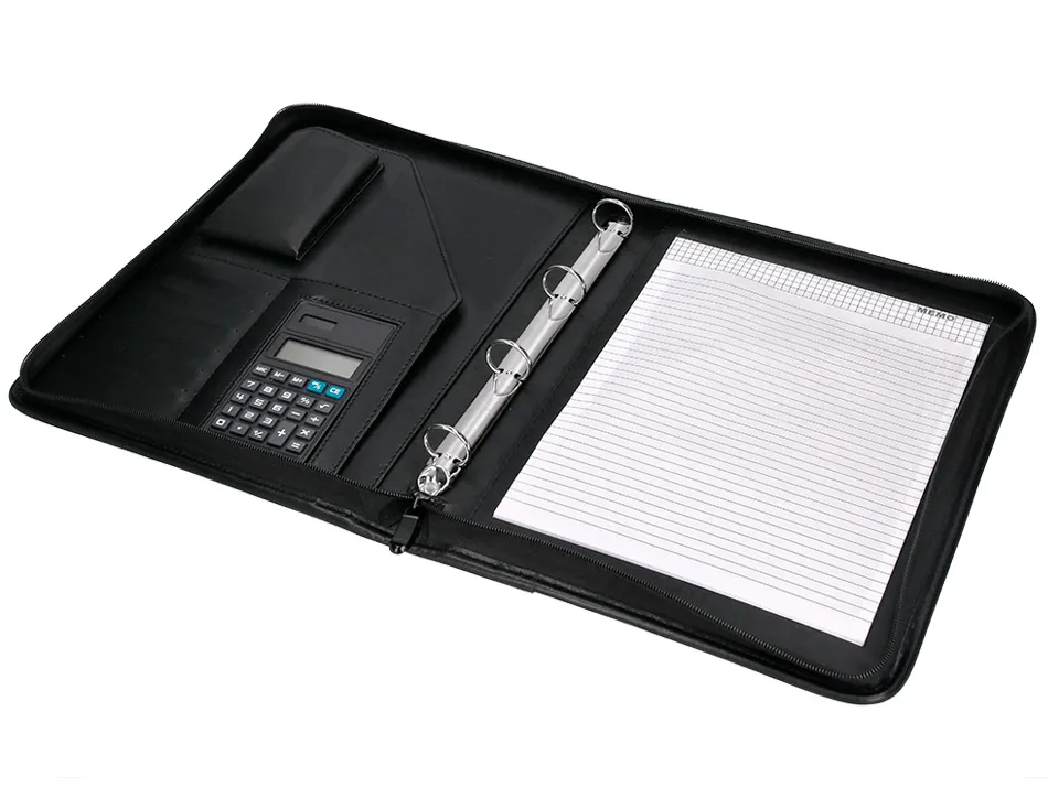 Conférencier a4 calculatrice plastique fermeture éclair pochette téléphone portable 4 anneaux 40mm 35,5x26x1cm noir