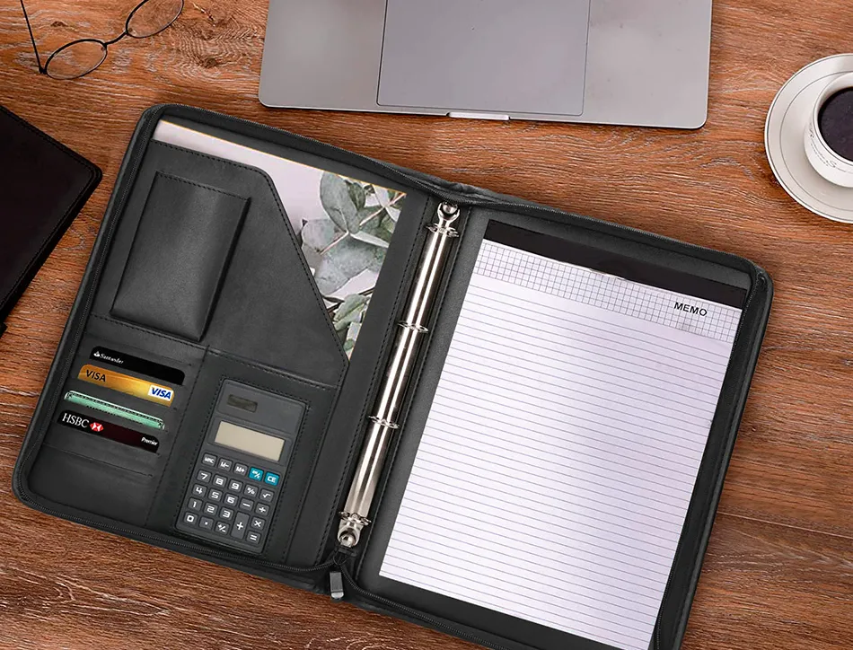 Conférencier a4 calculatrice plastique fermeture éclair pochette téléphone portable 4 anneaux 40mm 35,5x26x1cm noir