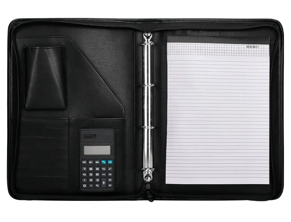 Conférencier a4 calculatrice plastique fermeture éclair pochette téléphone portable 4 anneaux 40mm 35,5x26x1cm noir