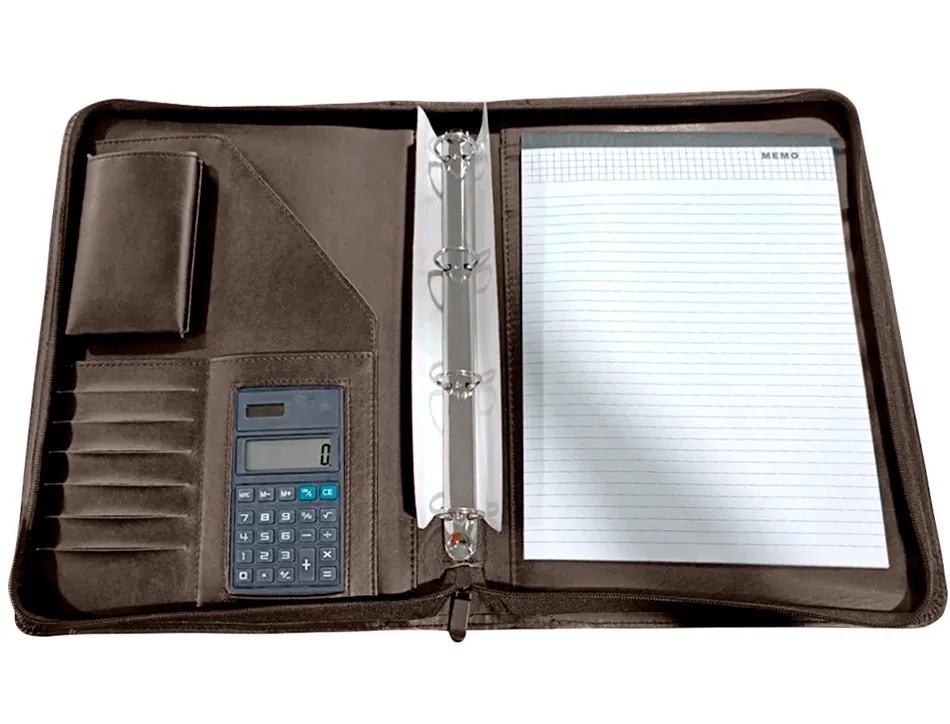 Conférencier a4 calculatrice plastique fermeture éclair pochette téléphone portable 4 anneaux 40mm 35,5x26x1cm marron
