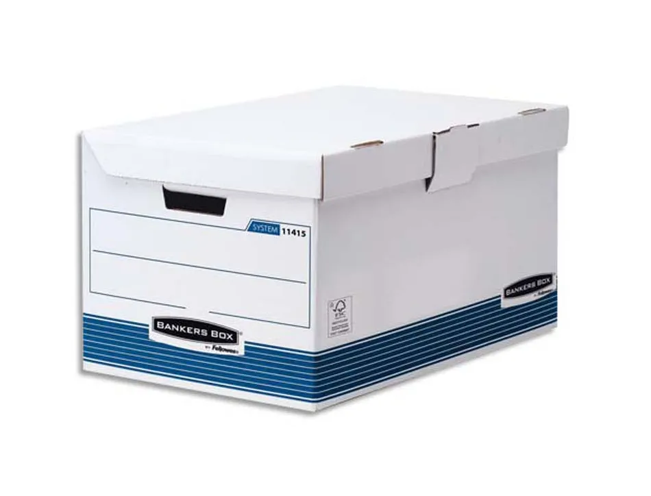 Conteneur bankers box system ouverture dessus carton recyclé blanc bleu montage automatique