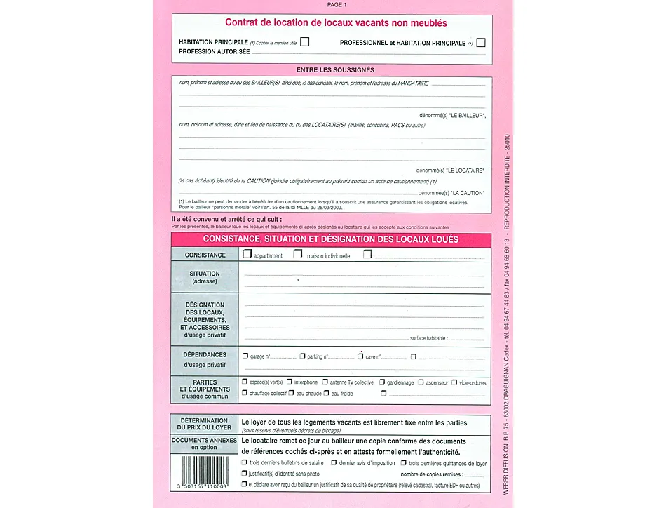 Contrat location locaux weber diffusion 4 pages 1 bail habitation liasse 2 contrats