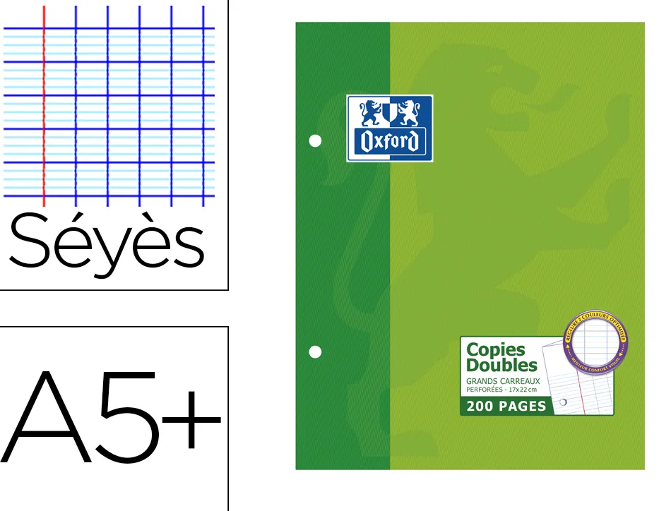 Copie double oxford a5+ 170x220mm 200p séyès perforées