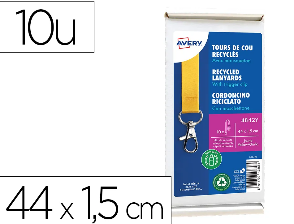 Cordons badges avery recycles mousqueton 44 cm lot de 10 coloris jaune
