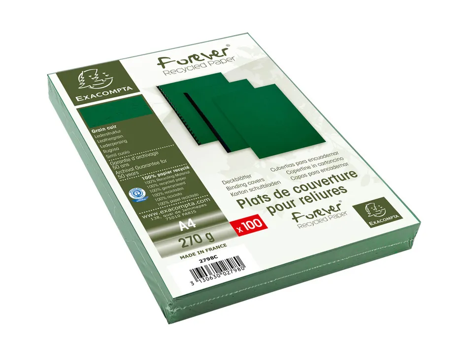 Couverture exacompta grain cuir recycle a4 270g coloris vert paquet 100 unites