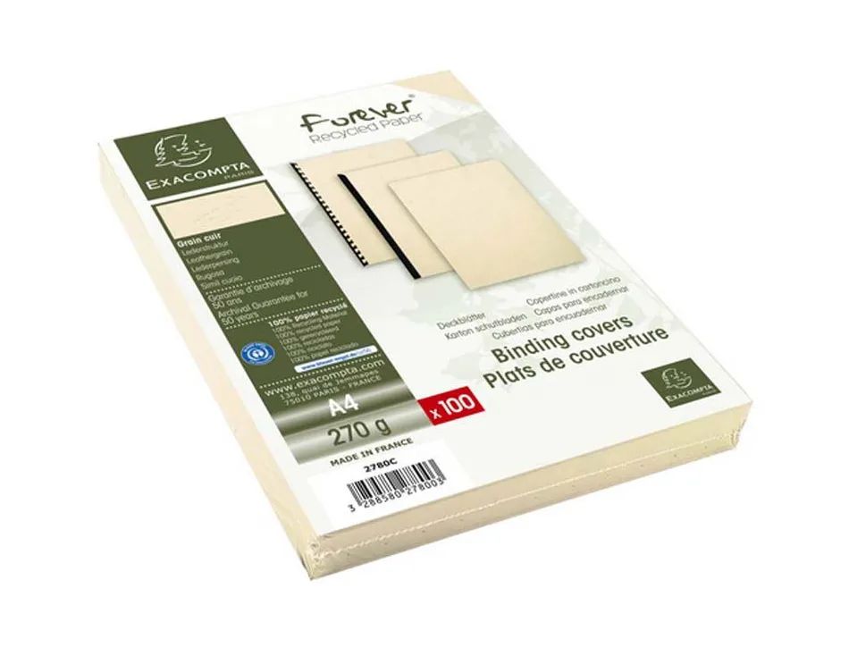 Couverture exacompta grain cuir recycle a4 270g paquet de 100 unites coloris ivoire