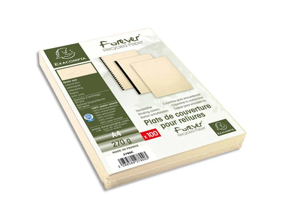 Couverture exacompta grain cuir recycle a4 270g paquet de 100 unites coloris ivoire