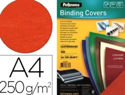 Couverture fellowes grain cuir 250g format a4 coloris rouge paquet 100 unités