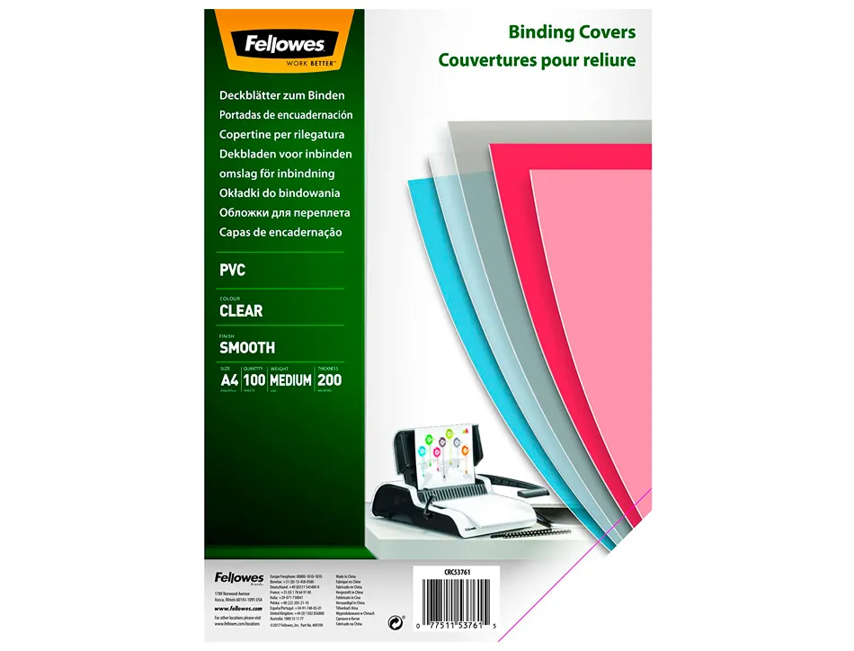 Couverture fellowes pvc transparent grammage prestige 20/100e format a4 paquet 100 unités