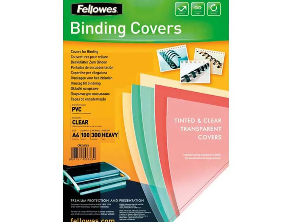 Couverture fellowes pvc transparent 300 microns format a4 pour reliure paquet 100 unités