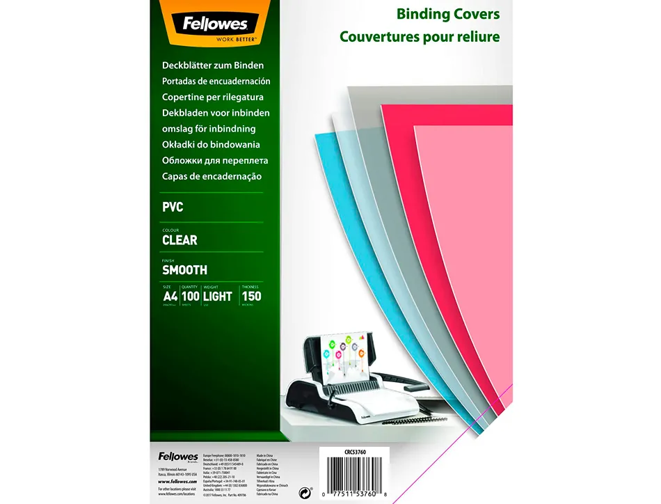 Couverture fellowes pvc transparent grammage économique 15/100e format a4 paquet 100 unités