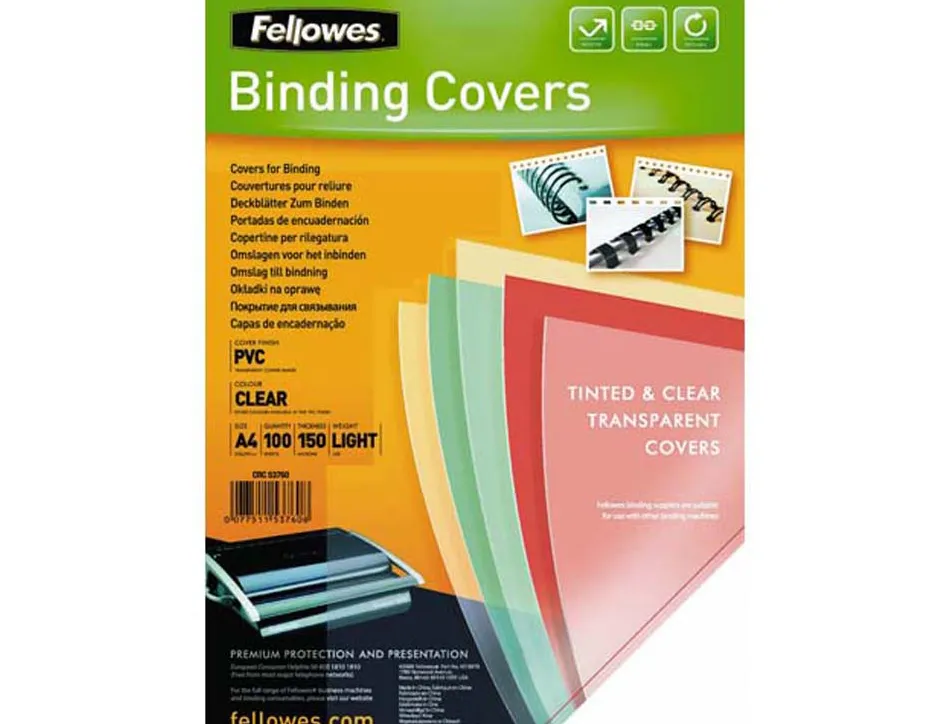 Couverture fellowes pvc transparent grammage économique 15/100e format a4 paquet 100 unités