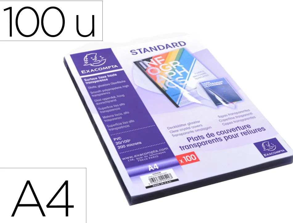 Couverture plastique exacompta pvc a4 pour reliure a ouverture a plat cristal 20/100e paquet de 100 unites