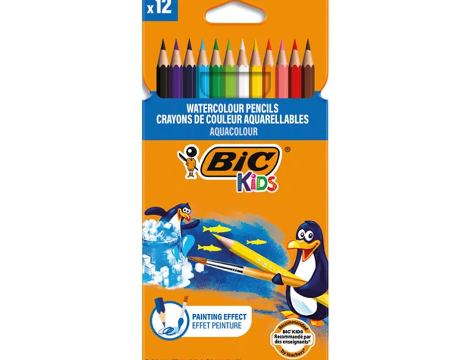 Crayon bic kids aquacouleur hexagonal mine aquarelle très pigmentée effet peinture aquarelle couleurs vives étui 12u
