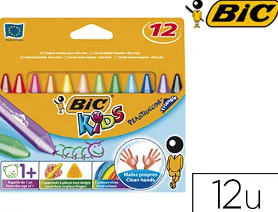 Crayon cire bic kids plastidécor triangle gros 90mm diamètre 12mm résistant non salissant étui carton 12 unités