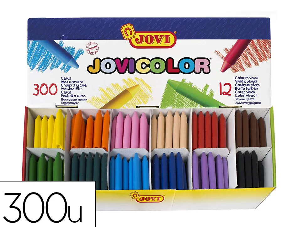 Crayon cire jovi jumbo 75mm diametre 11mm 12 couleurs vives assorties format scolaire boite 300 unites