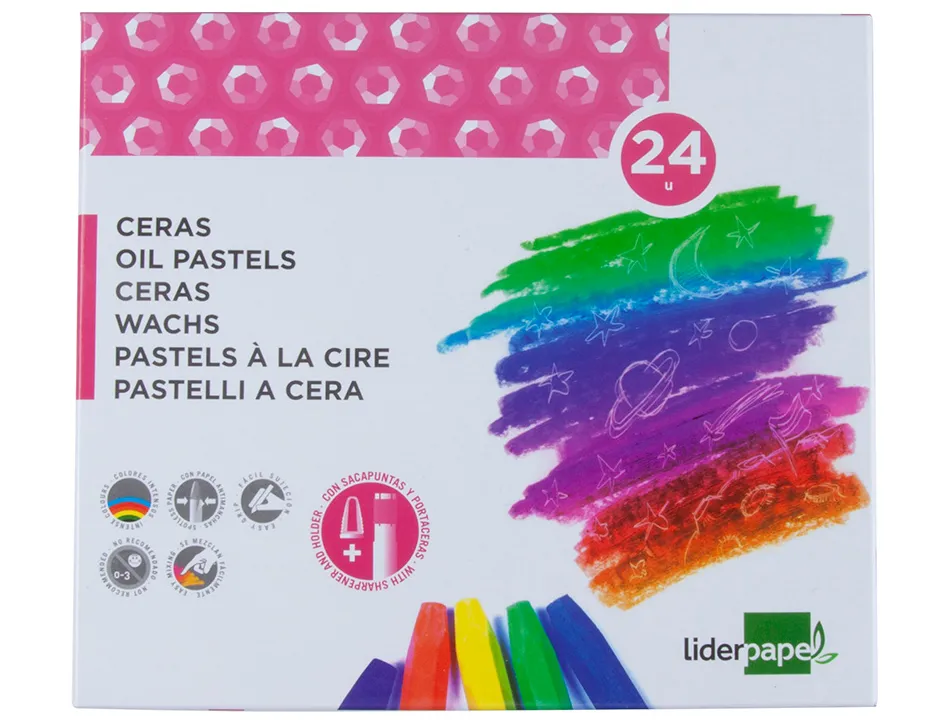 Crayon cire liderpapel 75mm diamètre 12mm taille-crayons et porte-crayons offerts coloris brillants boîte 24 unités