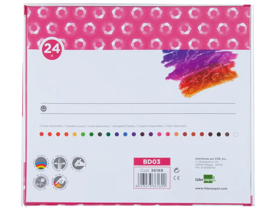 Crayon cire liderpapel 75mm diamètre 12mm taille-crayons et porte-crayons offerts coloris brillants boîte 24 unités