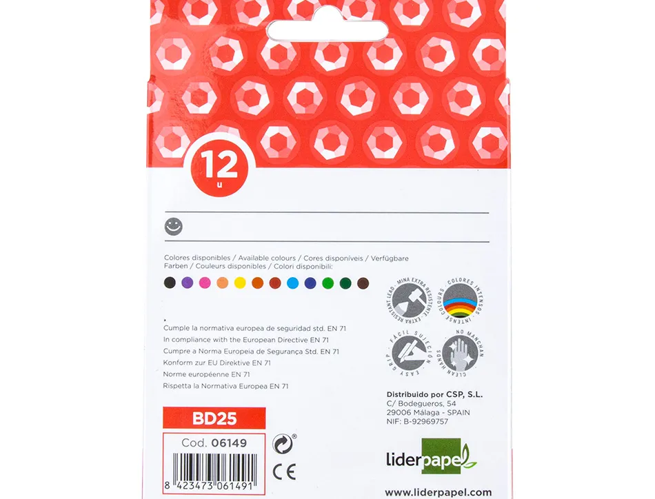 Crayon cire liderpapel 115mm résistant non salissant effaçable étui carton 12 unités