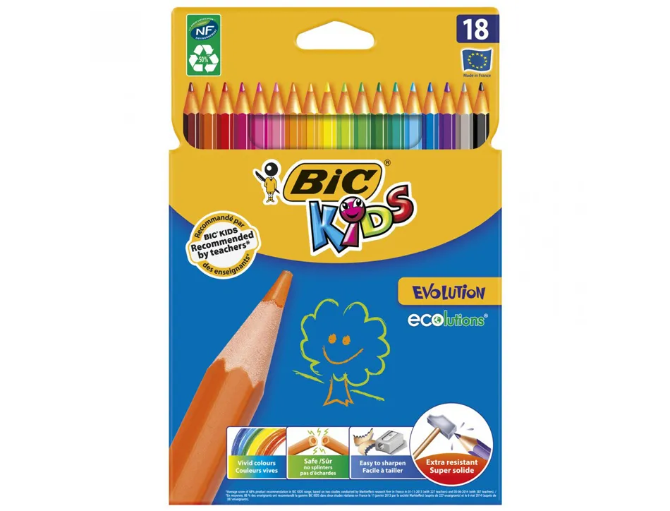 Crayon couleur bic kids evolution résine synthèse 175mm mine résistante résiste mordillage étui carton 18 unités