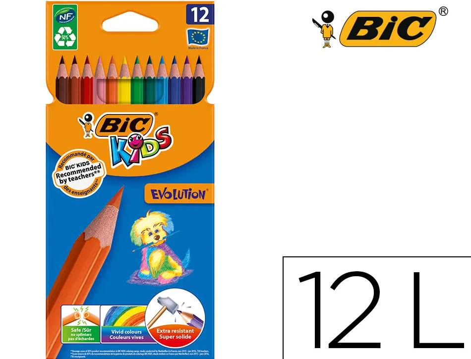 Crayon couleur bic kids evolution résine synthèse 175mm mine résistante résiste mordillage étui carton 12 unités