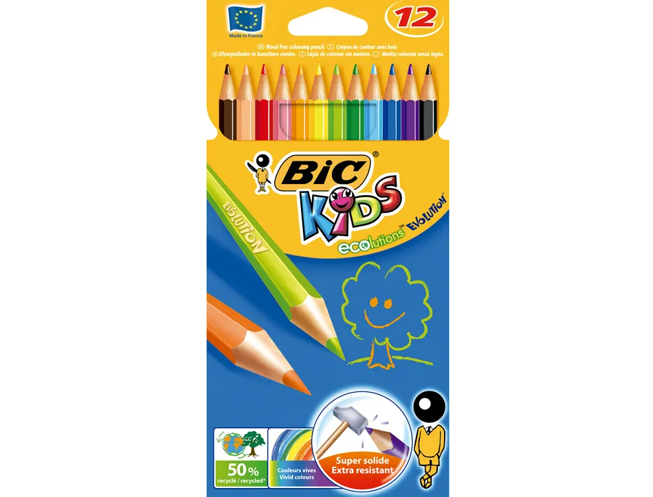 Crayon couleur bic kids evolution résine synthèse 175mm mine résistante résiste mordillage étui carton 12 unités